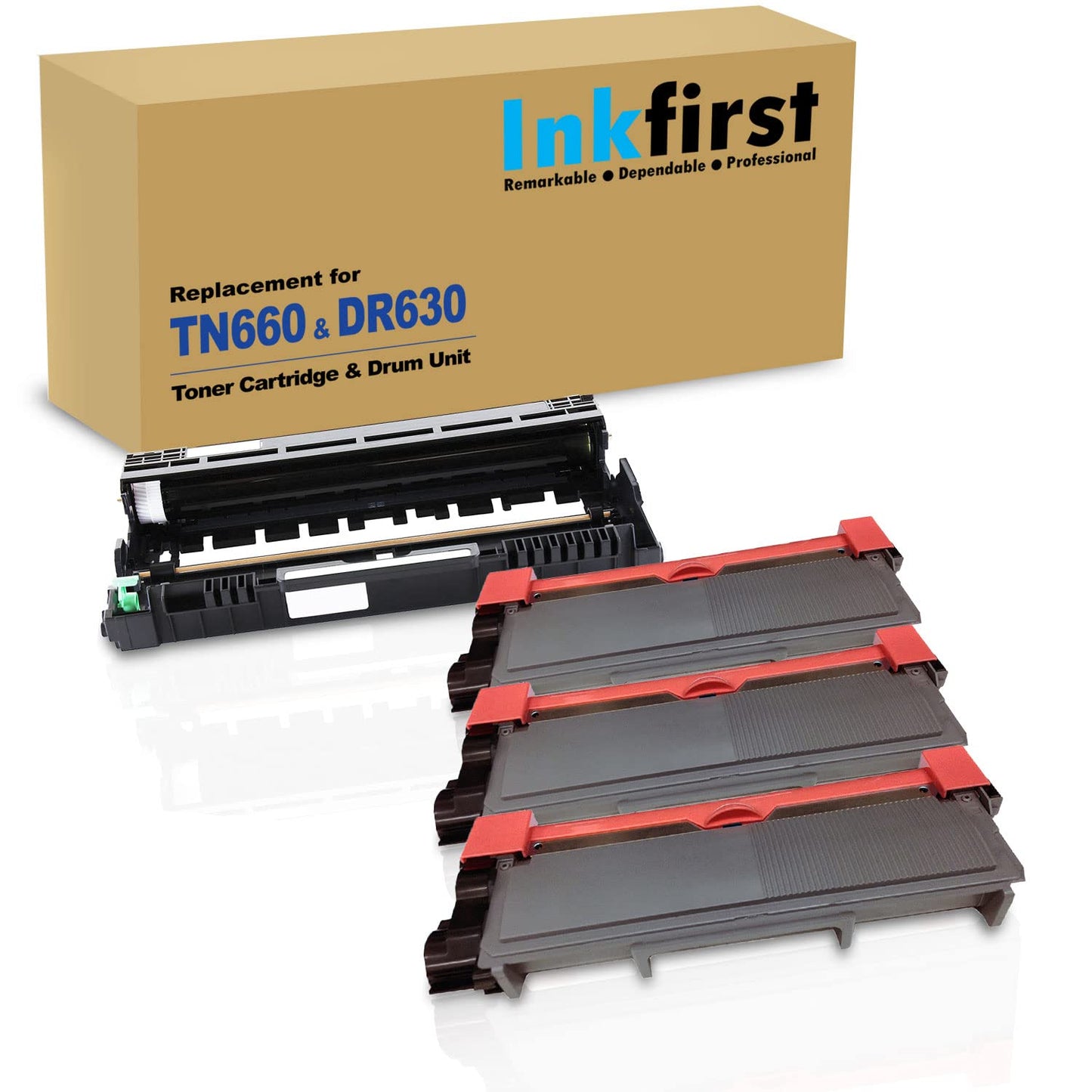 4PK-1 Inkfirst DR630 DR-630 Drum Unit + 3 TN660 TN-660 High Yield Toner Cartridges (3 Toner + 1 Drum) Compatible Replacement for Brother MFC-L2700DW MFC-L2720DW MFC-L2740DW HL-L2300D HL-L2305W