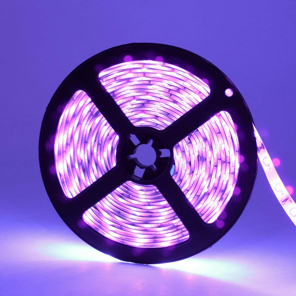 YGS-Tech Super Bright 60 Watts UV Black Light LED Strip, 16.4FT/5M 3528 300LEDs 395nm-405nm Non-Waterproof Blacklight with Power Supply, for Night Fishing, Black Party