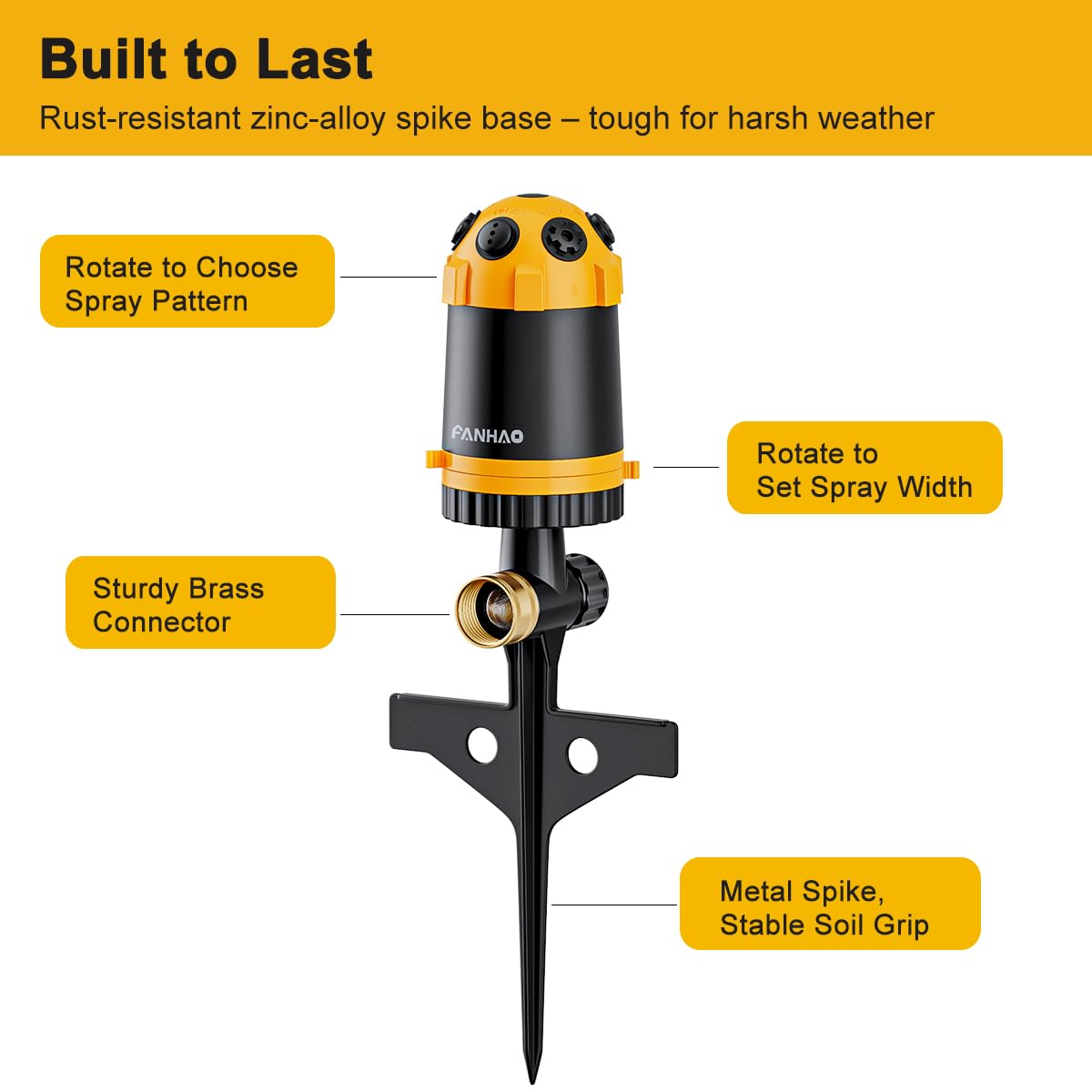 FANHAO Gear Drive Lawn Sprinkler with Metal Spike Base, 6-Pattern Heavy Duty Water Sprinkler System, Multi-Adjustable Irrigation Sprinkler for Large Yard Area Watering, Garden Plant and Flower Bed