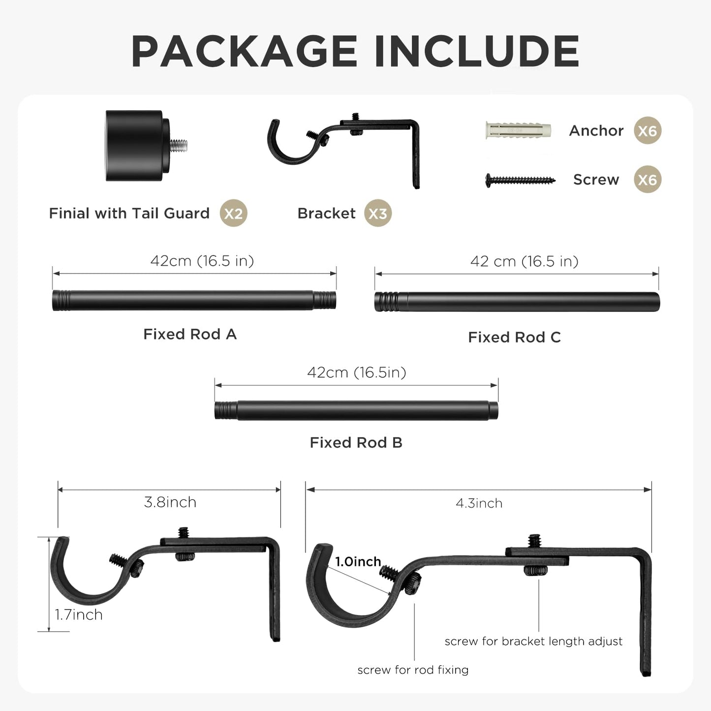 Joydeco Black Curtain Rods for Windows 32 to 120 Inch, 1 Inch Heavy Duty Adjustable Drapery Rod with Brackets for Outdoor Patio, Living Room, Bedroom, Kitchen