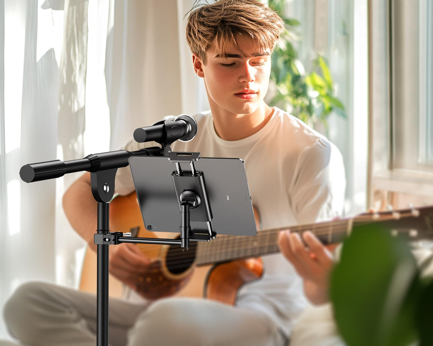 elitehood Aluminum iPad Holder for Mic Stand, Side Mount iPad Music Stand Holder for Microphone, 360° Swivel Tilt Adjustable Mic Stand Tablet Holder for iPad, iPhone and More 4-13in Tablet