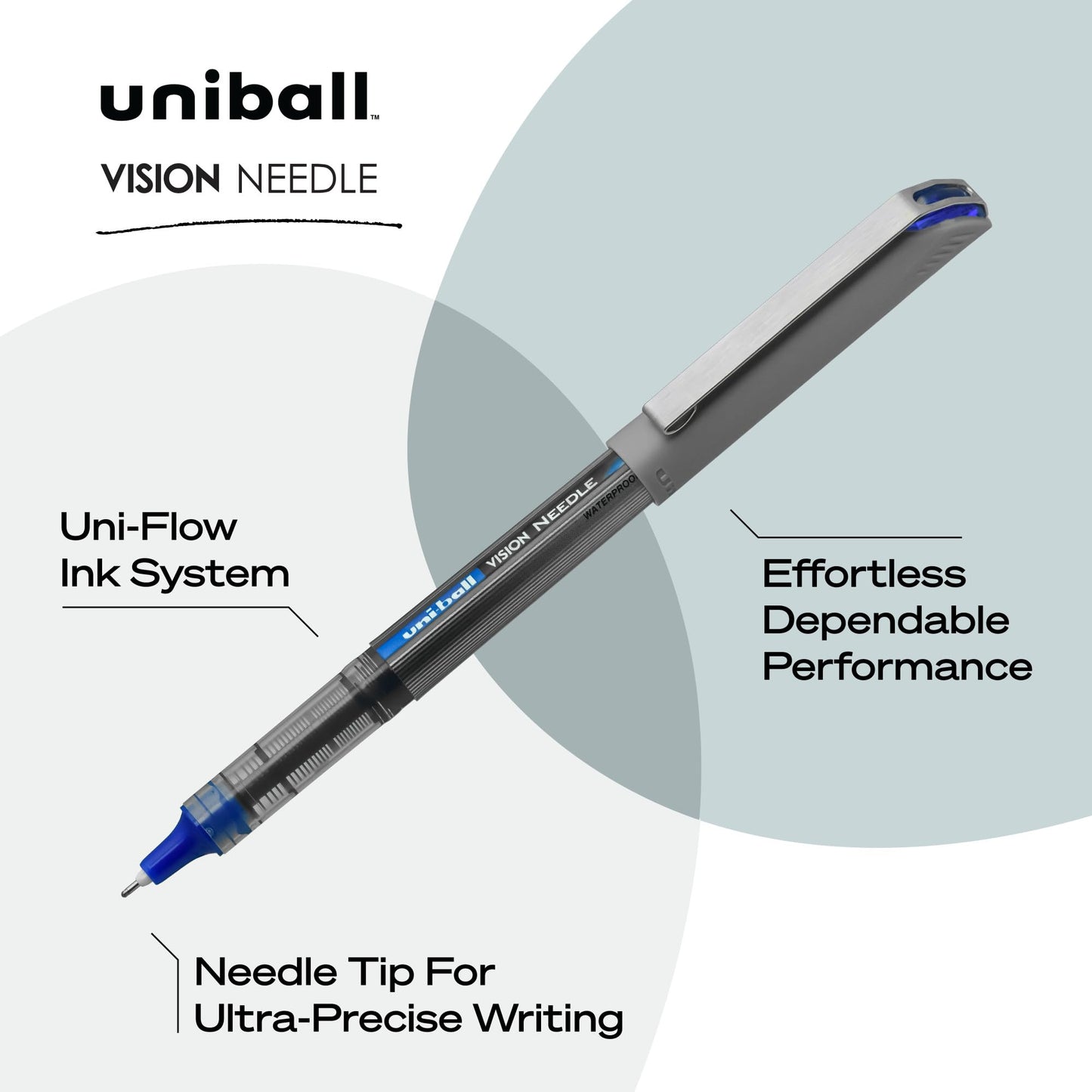 uni-ball VISION NEEDLE Rollerball, Stick Roller Ball Pen Fine-0.7mm, 12 Pack, Blue Ink (1734904)