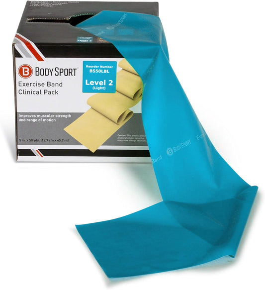 Body Sport Exercise Bands - Light Resistance Exercise Bands in 50 yd. Rolls for Fitness, Stretching, or Physical Therapy - Light Blue