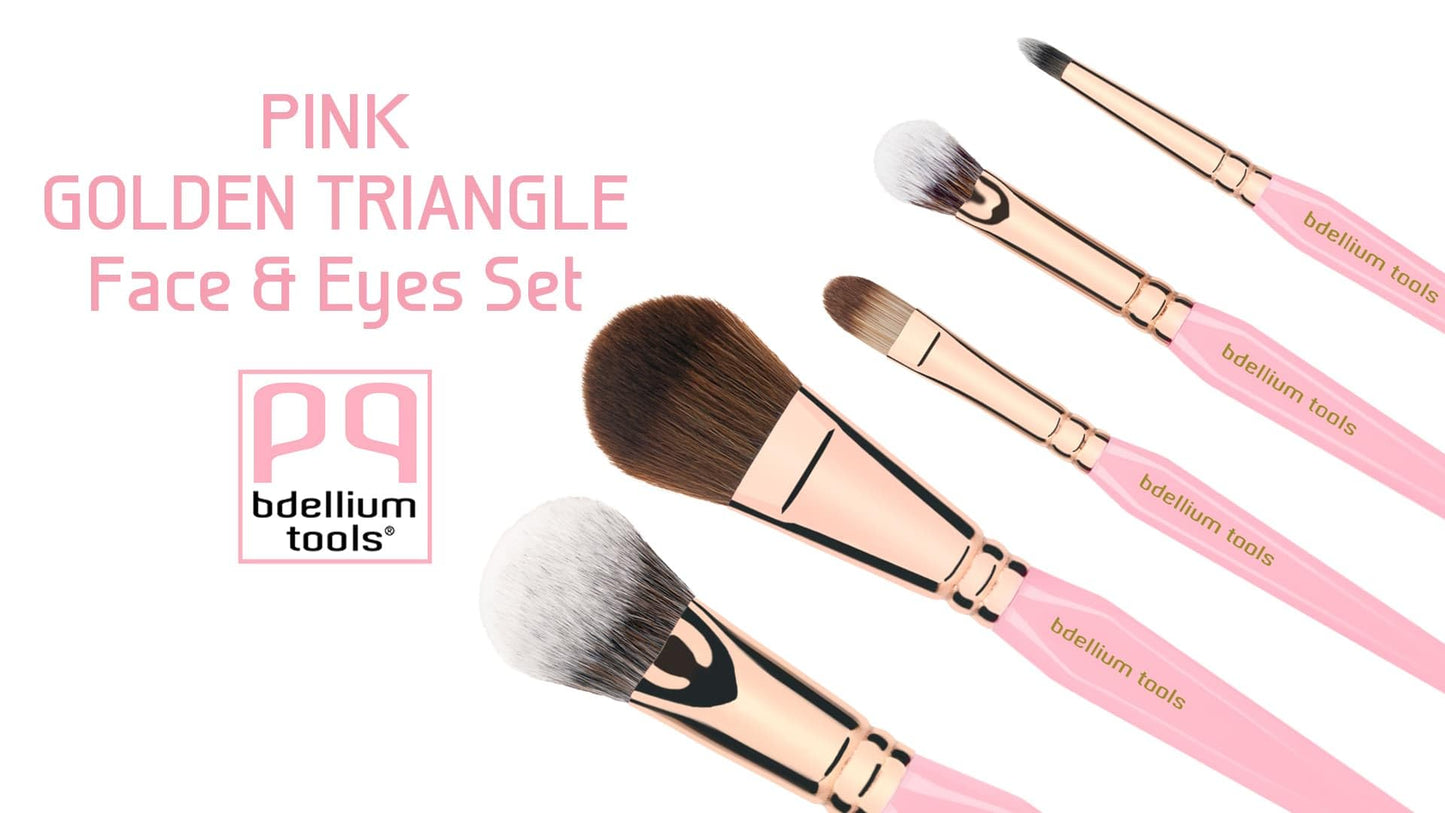 Bdellium Tools Pink Golden Triangle Face & Eyes Makeup Brush Set - Well-balanced Brush Set with Soft Synthetic Bristles and Rose Gold Brass Ferrule for a Variety of Looks (Pink, 5 pcs)