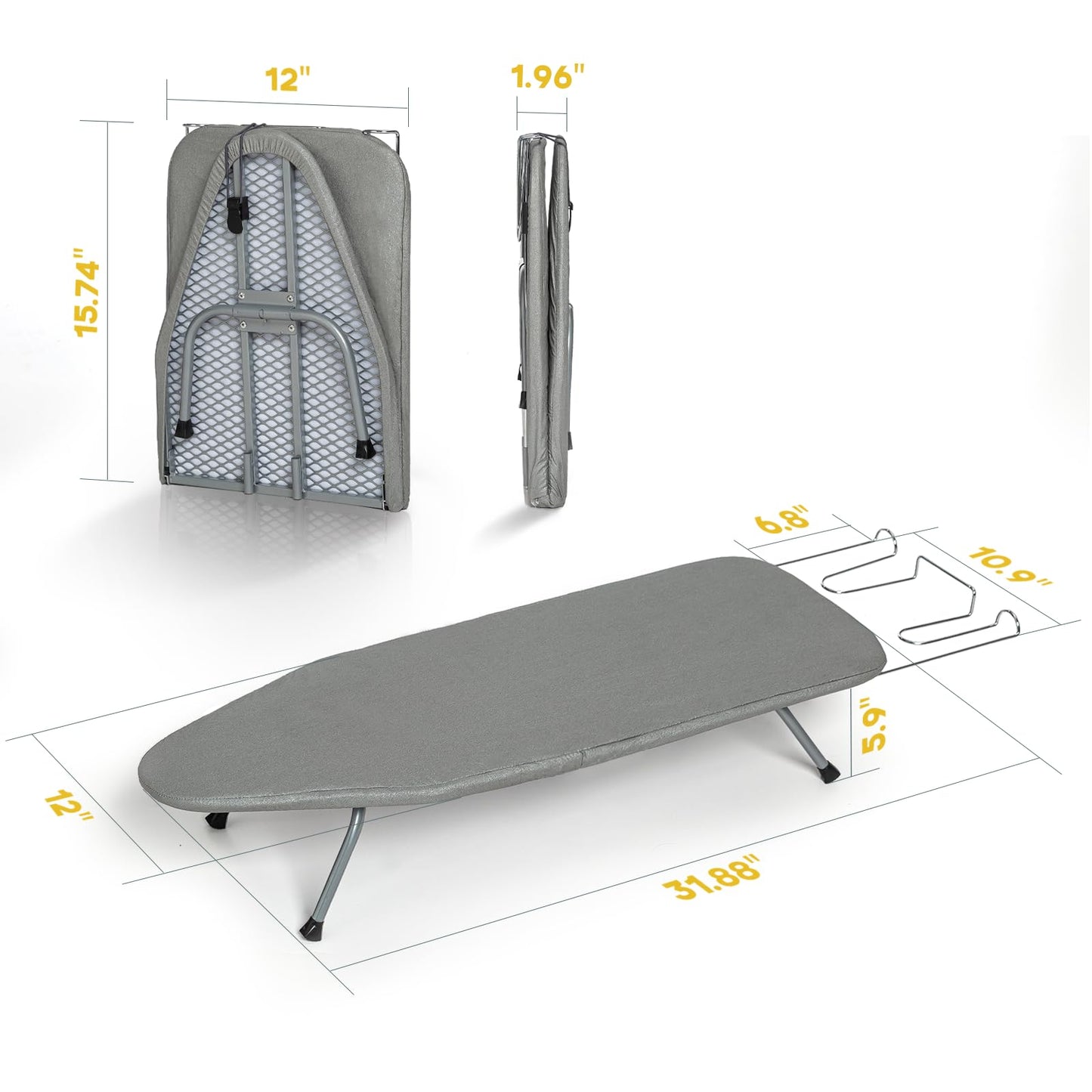 Metal Foldable Tabletop Ironing Board with Iron Rest, Portable Ironing Board Small with Heat Resistant Cotton Cover, RAINHOL Mini Iron Table for Small Space and Travel, 31"x12", Gray