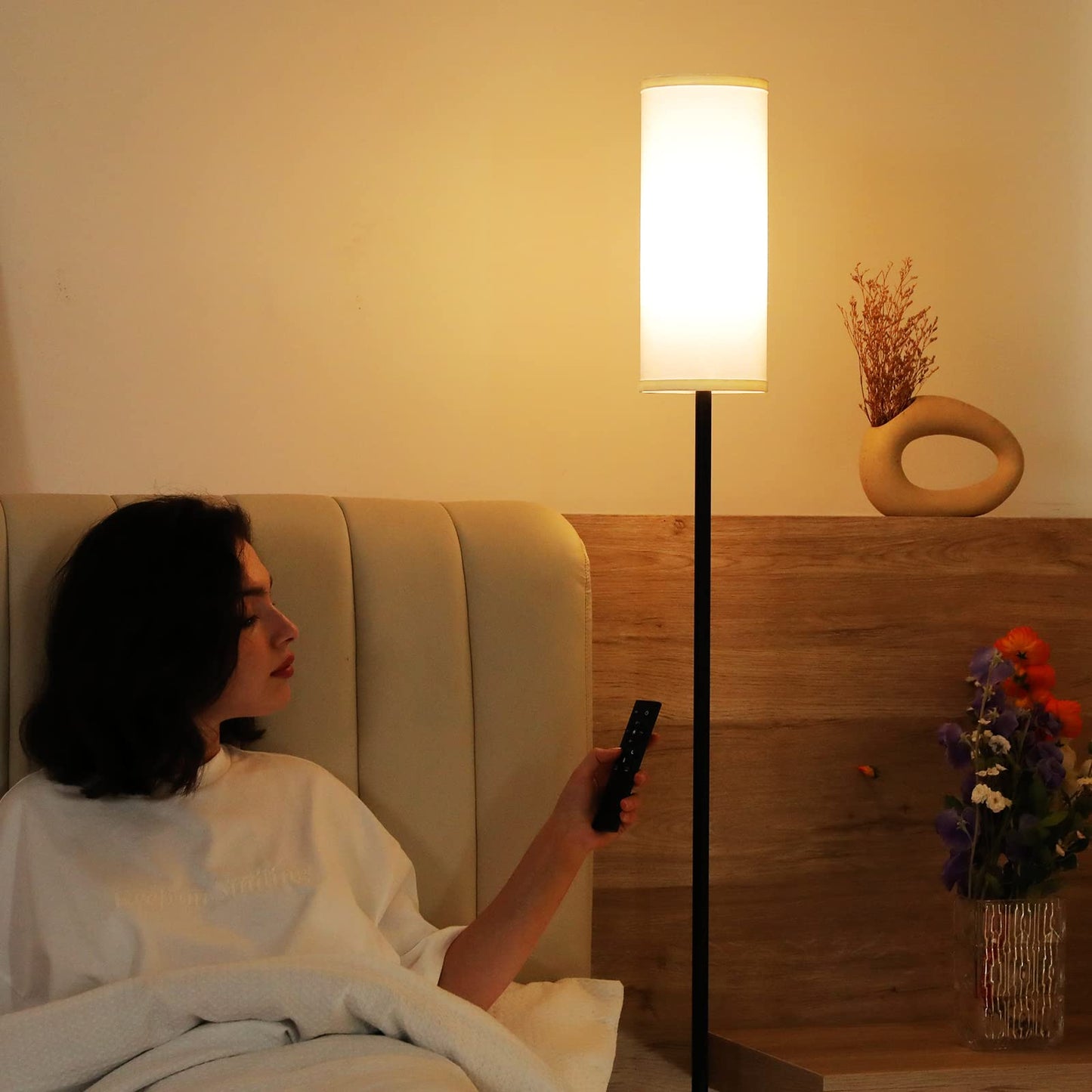 Ambimall Floor Lamp with Remote Control- Dimmable Standing Tall Lamp, Floor Lamps for Living Room, Bedrooms, Stepless Adjustable 3000K-6000K Colors, 10-100% Brightness, Foot Switch