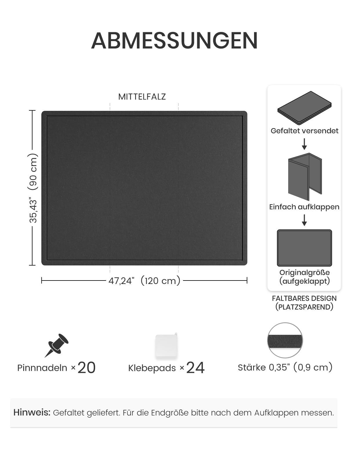 Fluxynara Large Bulletin Board, 47.2" x 35.4" Cork Board Alternative with 24 Safe Removable Adhesive Tabs, Foldable Felt Pin Board for Home Office, Classroom, Bedroom,Entryway for Walls— Black