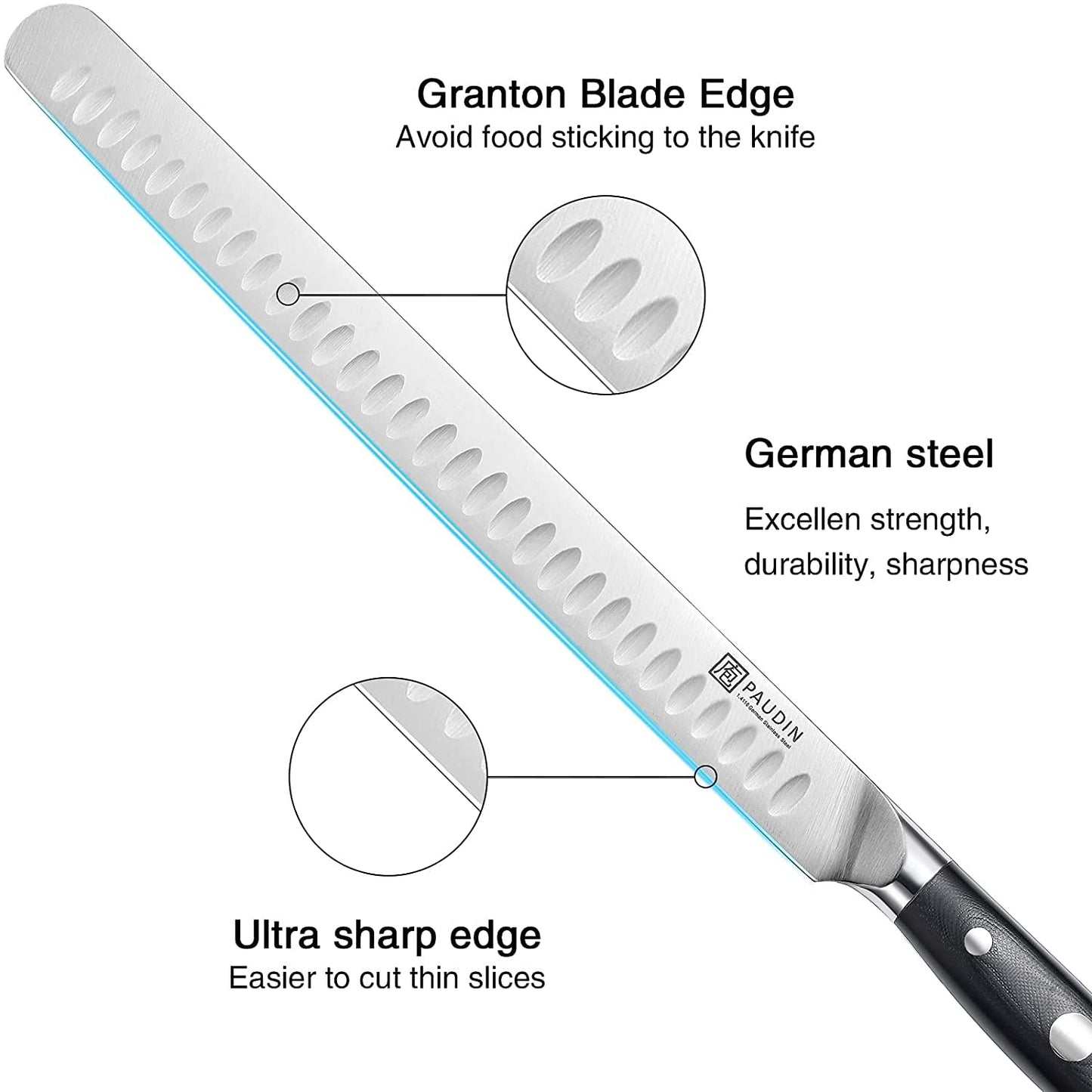 PAUDIN Carving Knife 12 Inch, Premium Brisket Knife, Full Tang Design with Granton Blade and Ergonomic G10 Handle, for Cutting Ham Roast Ribs Turkey, Ideal Gifts for Father's Day (Dishwasher Safe)