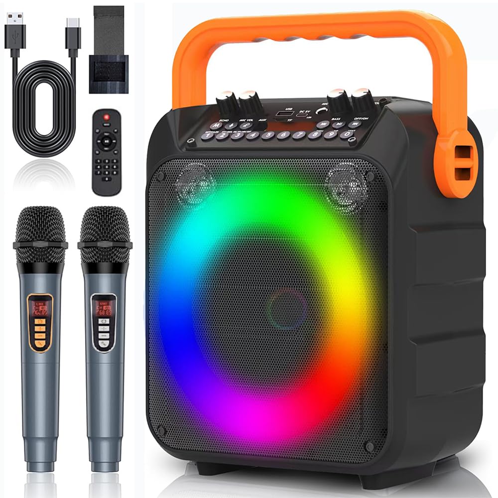 Karaoke Machine with 2 Wireless Microphones, Portable PA Speaker with Dynamic LED Lights, Support TWS REC/FM/AUX/USB/TF Playback for Home Parties Outdoor Events | for Adults and Kids (Orange)