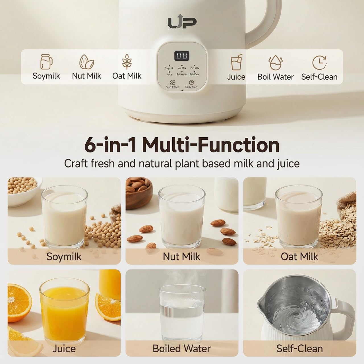 Automatic 6 in 1 Nut Milk Maker Machine 20oz – SUS 304 Stainless Steel Jar, Plant Based Milk for Almond Oat Soy Cashew – BPA Free, Self-Cleaning, Keep Warm, Delay Start, Soups & Juices.