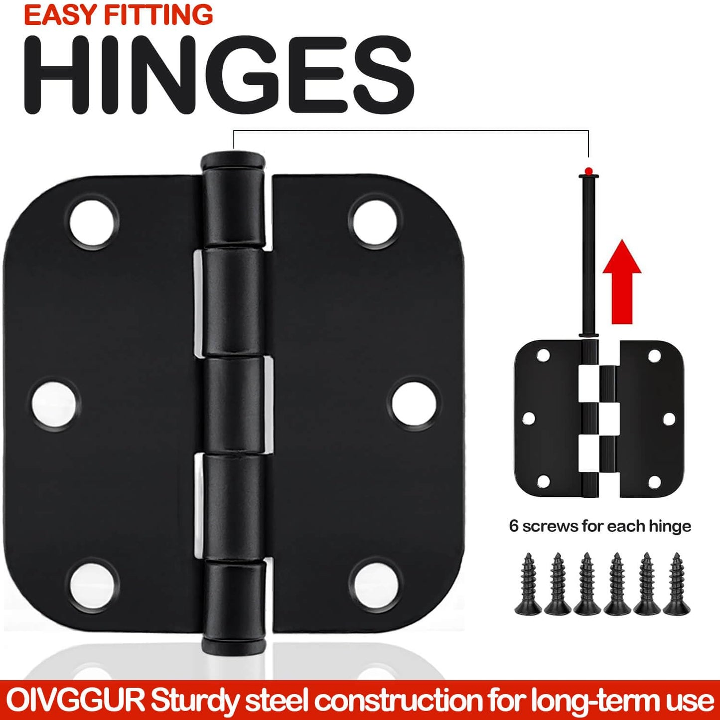Door Hinges for 3.5 Inch Interior Matte Black Hinges for Rounded 5/8 Radius Bedroom Office Hallway Indoor/Interal Door Hardware Black Door Hinges 18 Pack