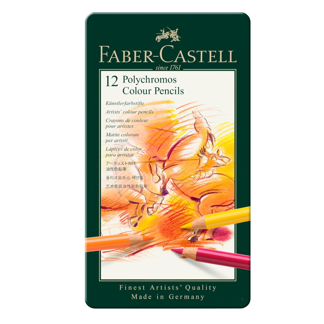 Faber-Castell 110012 Polychromos Coloured Pencils, Set of 12 Professional Coloured Pencils in Metallic Case, Drawing Pencils Set with 3.8 mm Lead, Acid Free Pigments for Variety of Surfaces