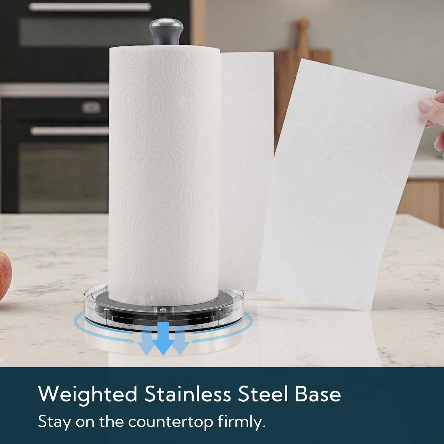 KITCHENDAO One-Handed Countertop Paper Towel Holder, Rotation Freestanding Kitchen Paper Holder Stand, Stainless Steel Paper Roll Holder with Weighted Base High-Adhesion Pad Sticker