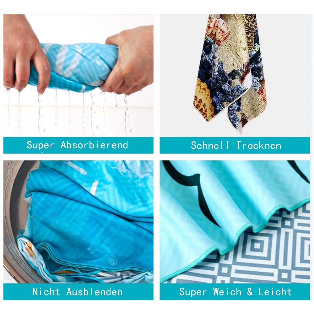 2 Pcs Microfiber Beach Towel Lightweight Sand Free Quick Dry Serviette de Plage Towels for Swimming Pool Camping 71''X32'' Beach Accessories Travel Things for Women Men Vacation Essentials Gift Turtle