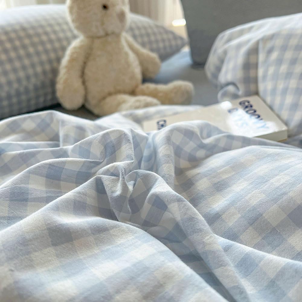 Nayoroom Blue Gingham Duvet Cover Queen Size Plaid Checkered Farmhouse Comforter Cover 3 Pcs Soft Breathable Washed Microfiber Grid Bedding Set with Pillow Shams