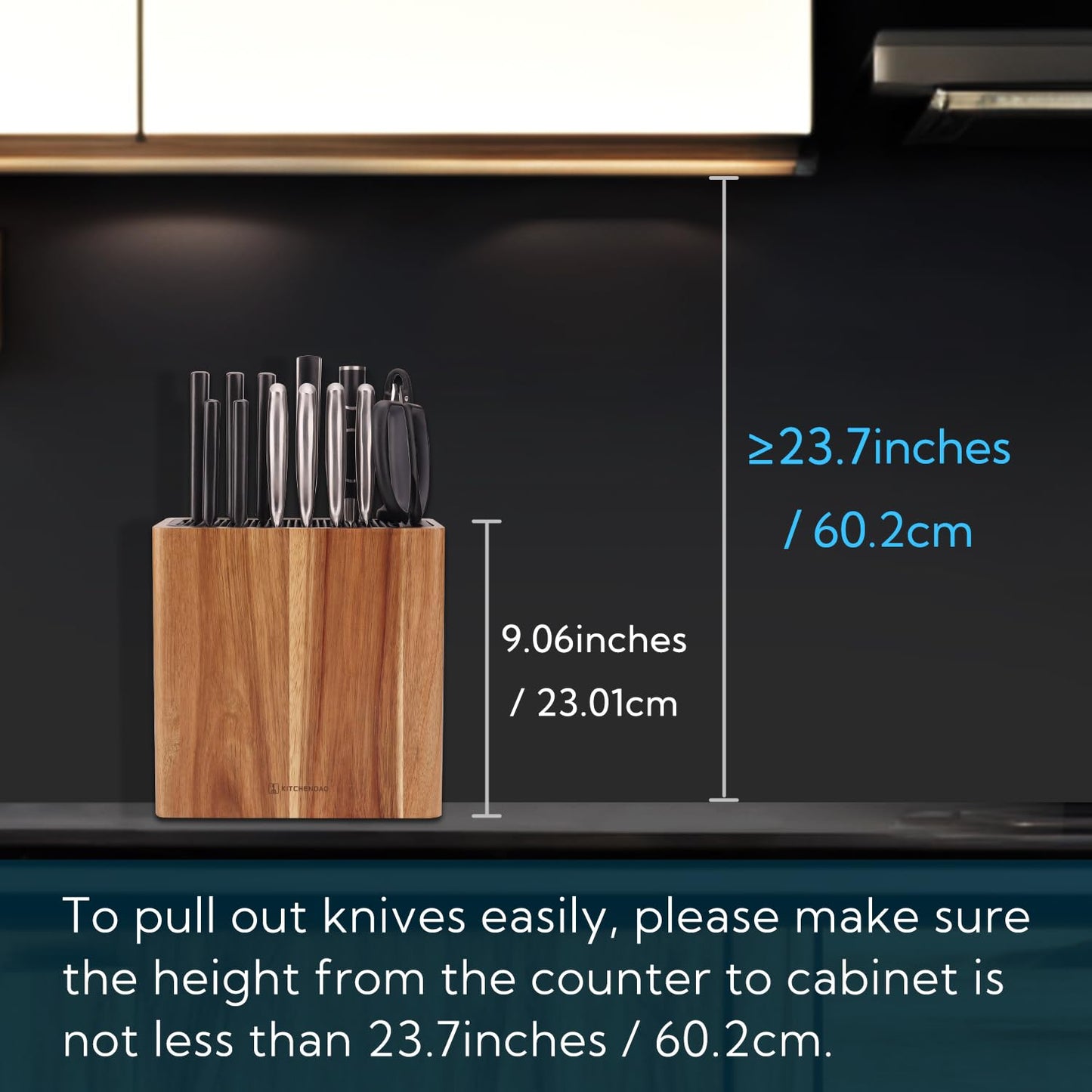 KITCHENDAO XL Acacia Wood Universal Knife Block Holder with Slots for Scissors and Sharpening Rod, Safe, Space Saver Knives Storage Stand Display Without Knives, Unique Slot Design to Protect Blade