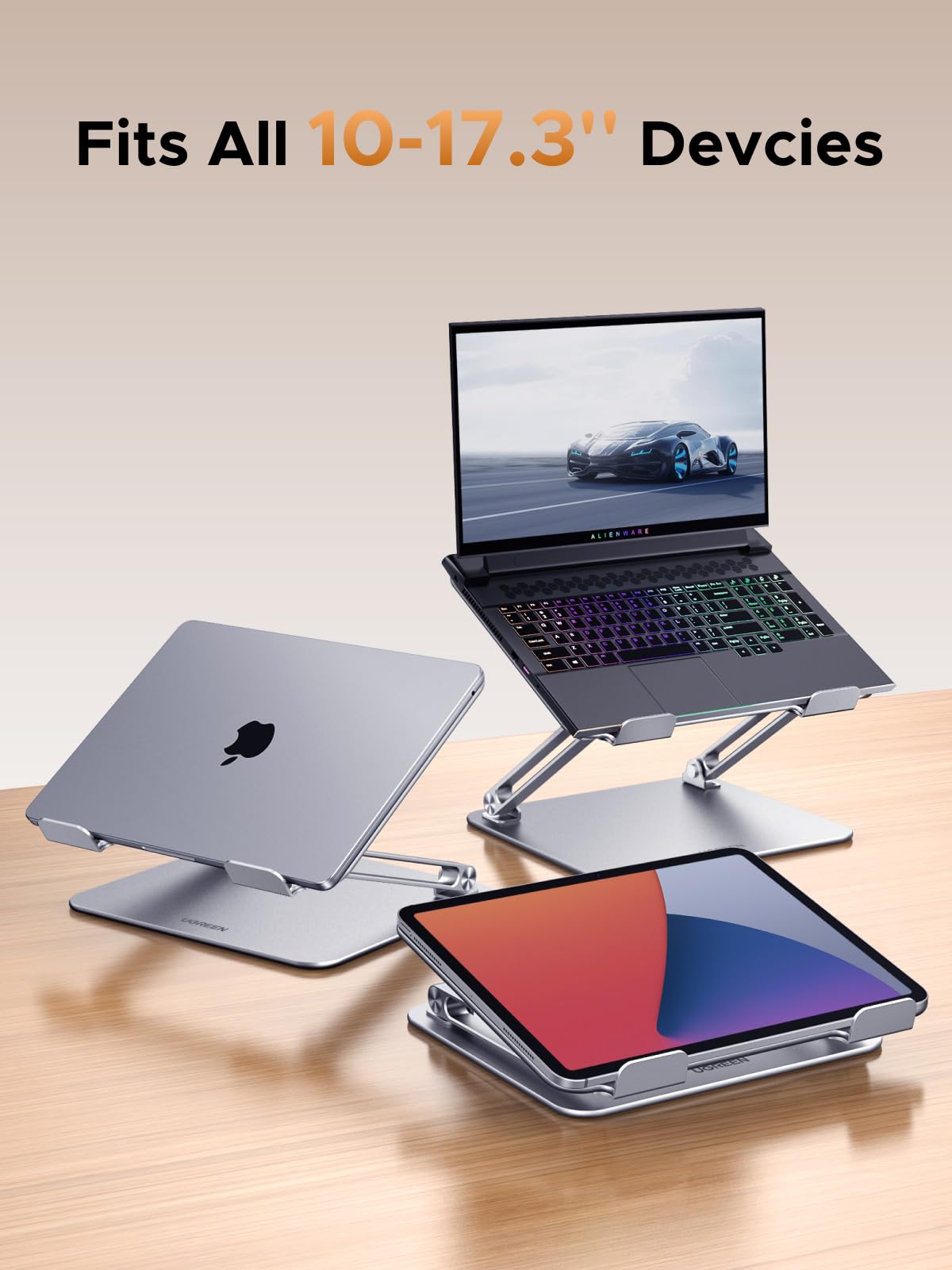 UGREEN Laptop Stand for Desk Ergonomic and Foldable Laptop Holder, Adjustable Riser, with Anti Slip Silicone Pads Fits All Laptops and Notebooks up to 17.3 Inch Sliver