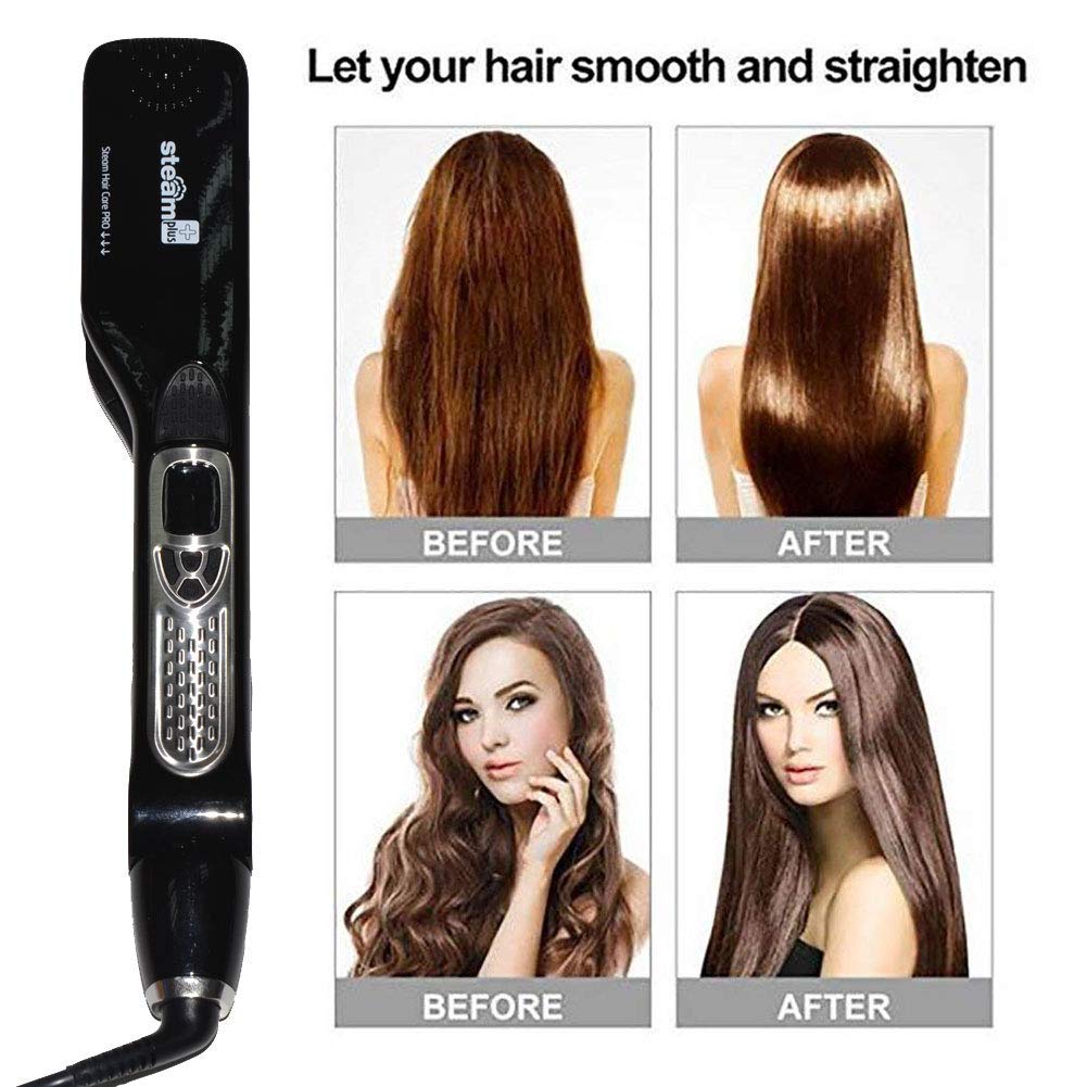 Professional Steam Straightener Brush, Electric Titanium Ceramic Flat Iron with Anti-Static Technology and Digital Controls for All Hair Types (Black)