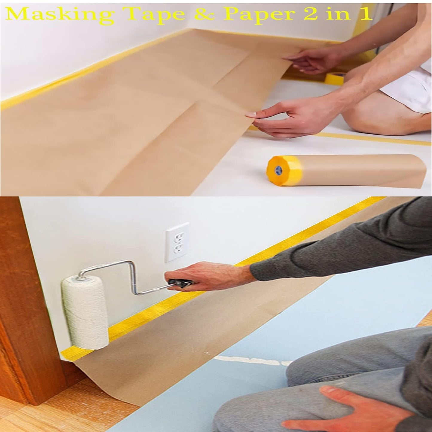 Pre-Taped Masking Paper for Painting - 24 inch x 50 feet Tape and Drape Painters Paper, Paint Adhesive Protective Paper Roll for Covering Skirting, Frames, Cars and Auto Body (4)