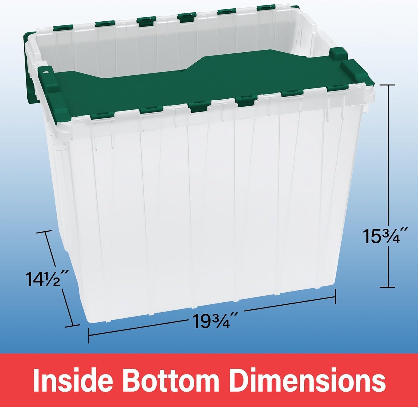 Akro-Mils 66497 18 Gallon Plastic Stackable Storage KeepBox Tote Container with Hinged Attached Lid, 21-Inch L x 15-Inch W x 17-Inch H, Clear/Green
