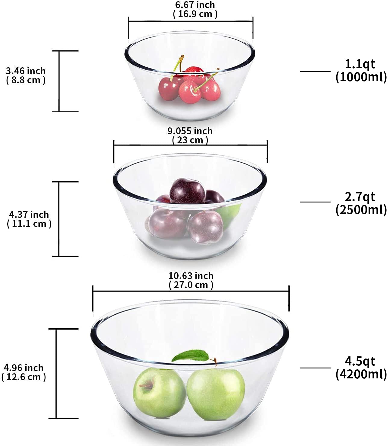 Luvan High Borosilicate Glass Mixing Salad Bowls with Lids Set of 3,4.5QT,2.7QT,1.1QT, Large Kitchen Nesting Bowls, Great for Food Storage, Cooking, Baking,Prepping,Dishwasher and Microwave Safe-3PCS
