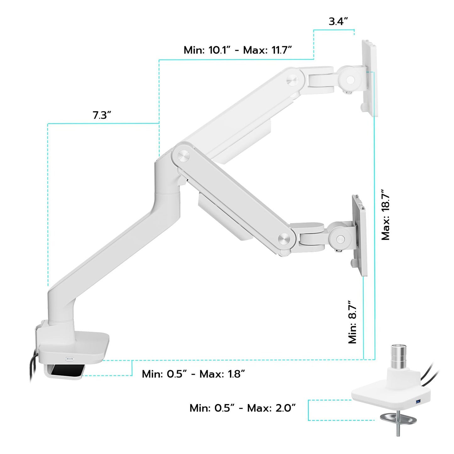 ARES WING Single Monitor Mount with USB A/C, Heavy Duty Monitor Arm for 17 to 49 inch Ultrawide Screen, Holds 44 lbs, Adjustable Gas Spring Arm Desk Mount with Clamp and Grommet Base, White