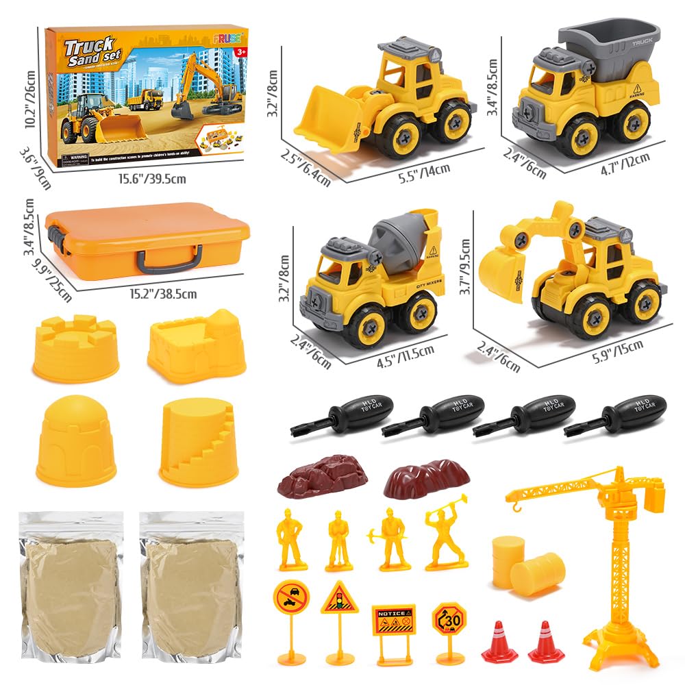 FRUSE Play Construction Sand Kit,Sand Box Toys Set w/1 KG Play Sand,4 Take Apart Construction Trucks,4 Castle Molds,Sandbox with Lid,Sensory Toys for Kisd Boys Girls Age 3-8