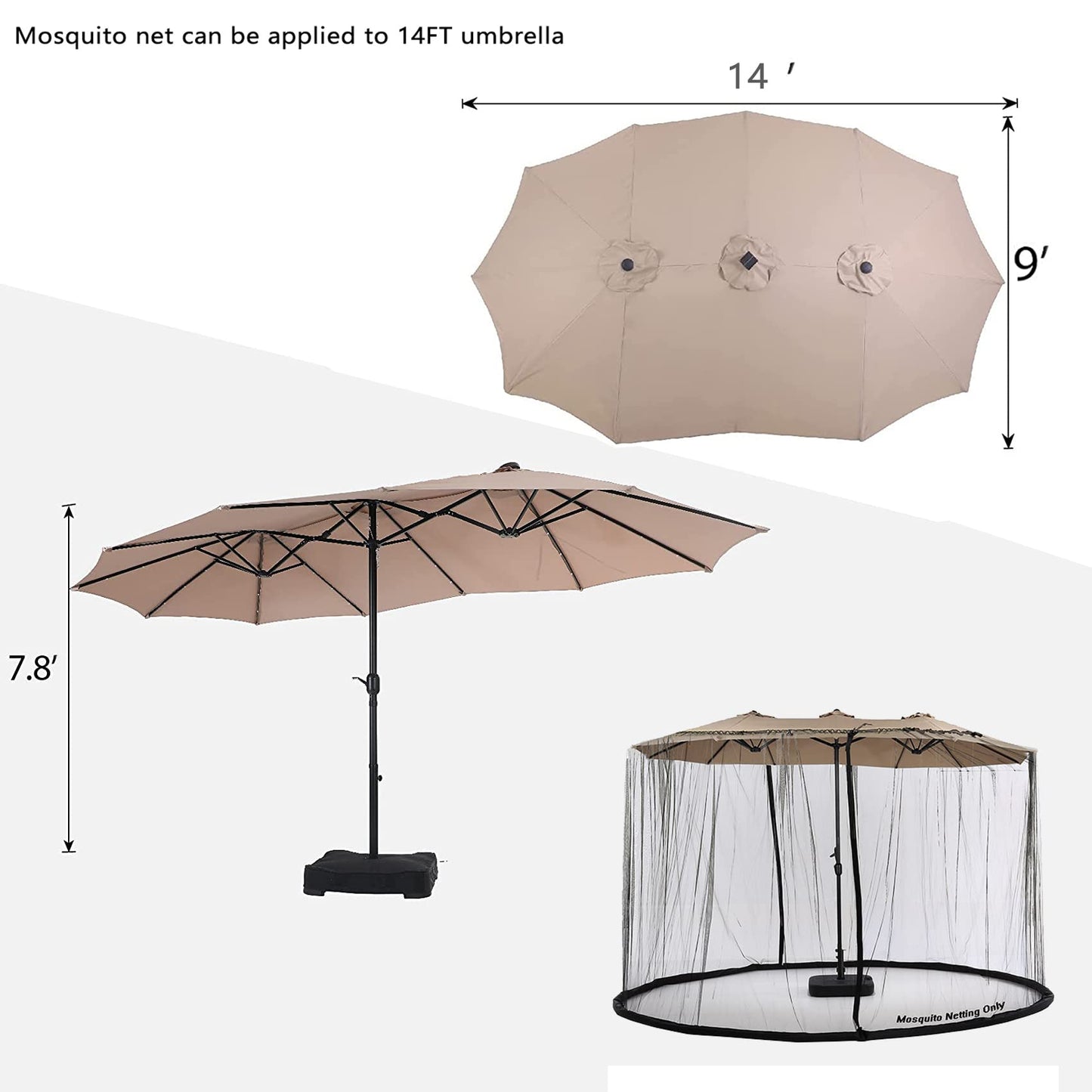 Mosquito Netting for Patio Umbrella 14FT Double Sided Canopy & 10X10 Ft Gazebo (Black) (Does Not Contain Patio Umbrella)