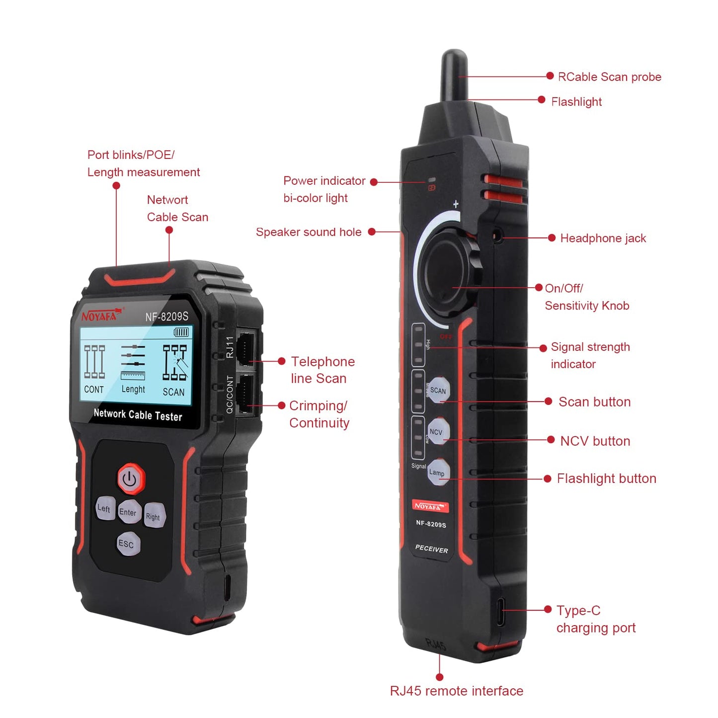 NOYAFA NF-8209S Upgrade Advanced Network Cable Tester with PoE& NCV，Cable Length Test，Port Flashing，Multifunction Anti Interference Scanning Modes Wire Tracker