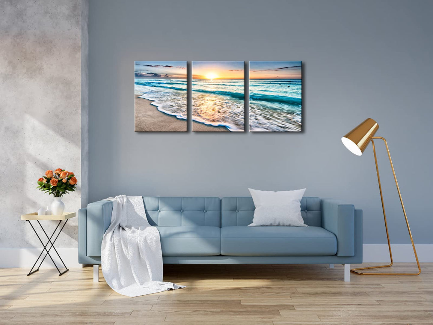 Pyradecor 3 Panels Blue Beach Sunrise White Wave Pictures Painting on Canvas Wall Art Modern Stretched and Framed Seascape Giclee Canvas Prints Seaview Landscape Artwork for Home Office Decorations