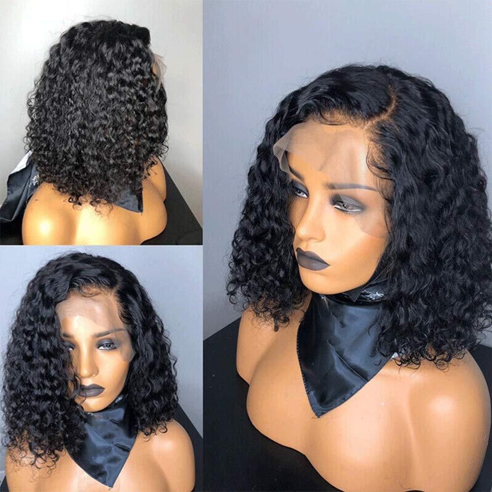 SINGLEBEST Curly Water Wave Bob Human Hair Wigs Brazilian Virgin Hair 130% Density Glueless Lace Front 4x4 Closure Wig for Women Natural Color 10inch