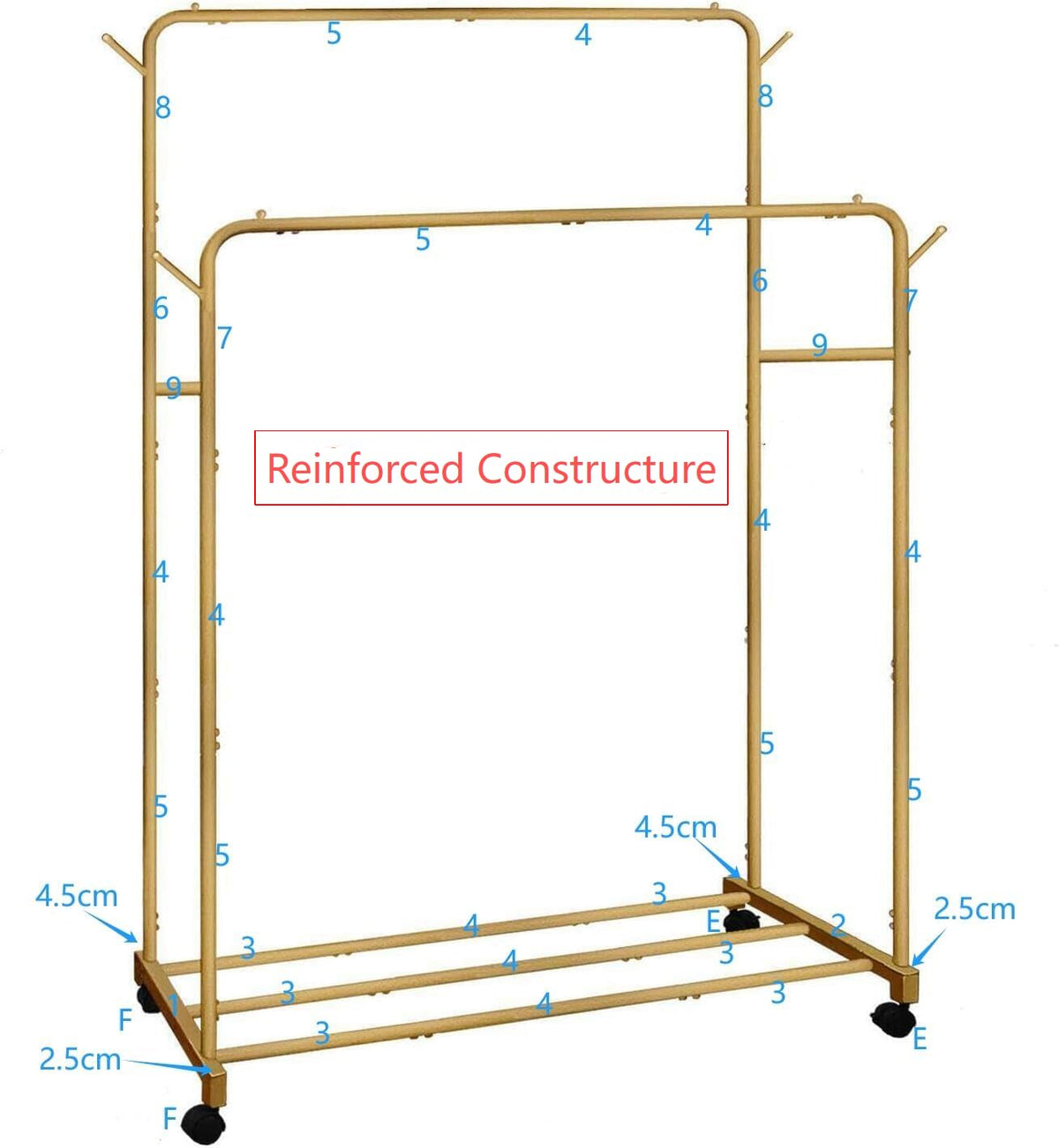 AT-VALY Double Rods Clothes Rack, Sturdy Metal Garment Rack with Wheels, Portable Wardrobe Rack with Bottom Shelf & Side Hooks, Heavy Duty Coat Hanger Stand for Bedroom, Laundry, Living Room,Gold