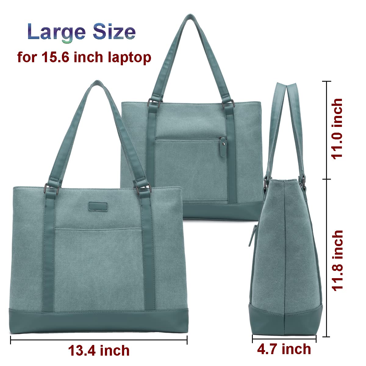 Laptop Bag for Women - Teacher Canvas Tote Bag with Compartments, Work Tote Bag for Travel Office 15.6 Inch, Green, Large, Professional Tote Bag for Work