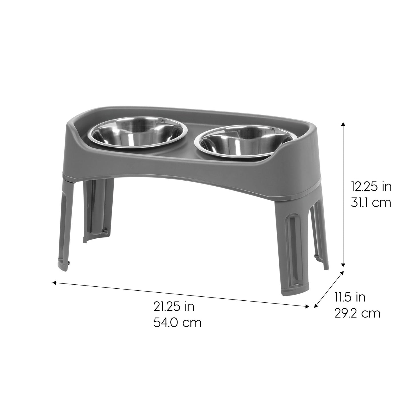 IRIS USA Elevated Dog Bowls, Adjustable Height, 2 Thick 1.9 L Stainless Steel Bowls, Spill-Proof with Raised Outer Rim, Durable Plastic, Easy Assemble, 2 Heights 11.8 or 31.1 cm, Dark Gray