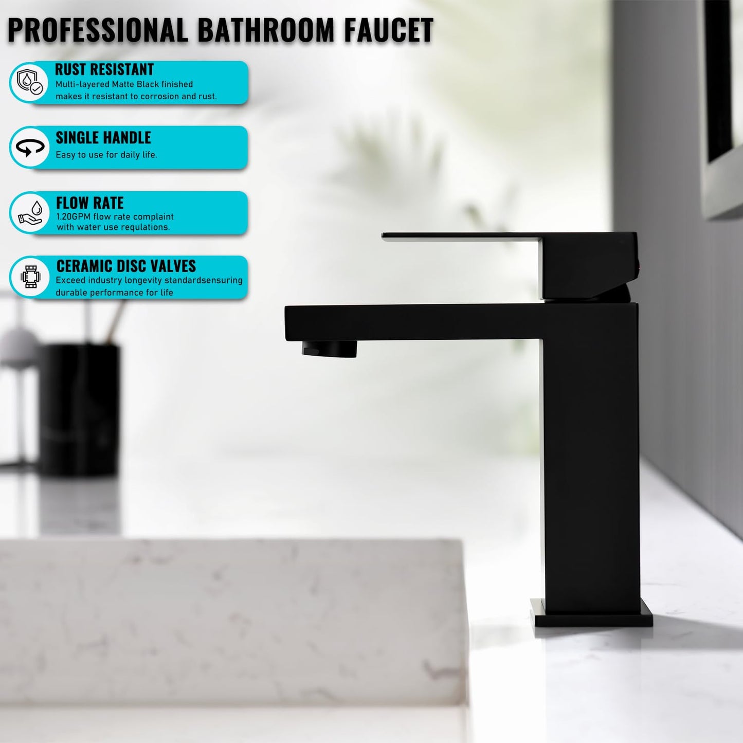 Matte Black Bathroom Faucet, Single Handle Bathroom Sink Faucet, Stainless Steel Bathroom Faucet with Pop Up Drain, 1 Hole Bathroom Faucet for RV Camper Farmhouse Lavatory Bar Vanity Sink, BF011B