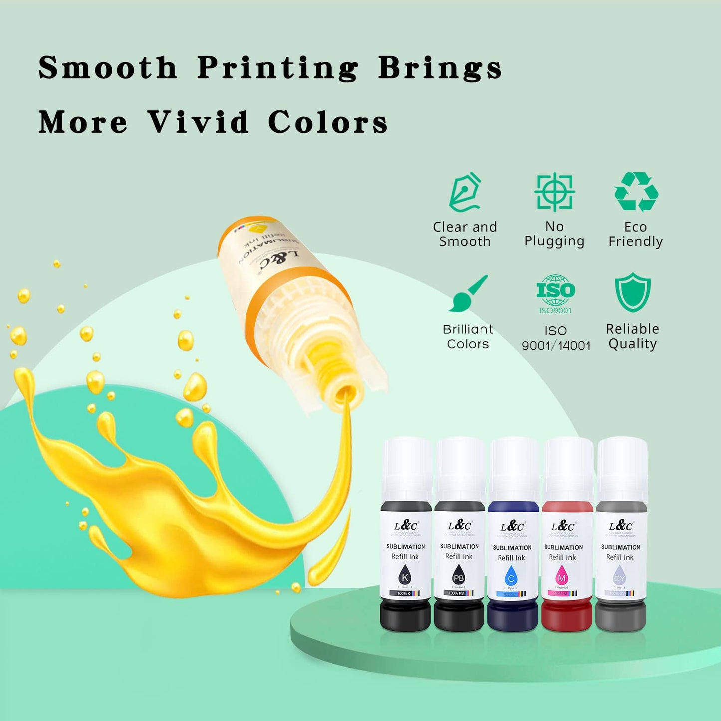 L&C Sublimation Ink Refill for ET-8500 ET-8550 Wide-Format Supertank Printers Heat Press Transfer on T-Shirt Tumblers Vibrant Colors Non-Fading Anti-Clog Auto-Fill ICC-Free (6x70ML, BK PB C M Y GY)