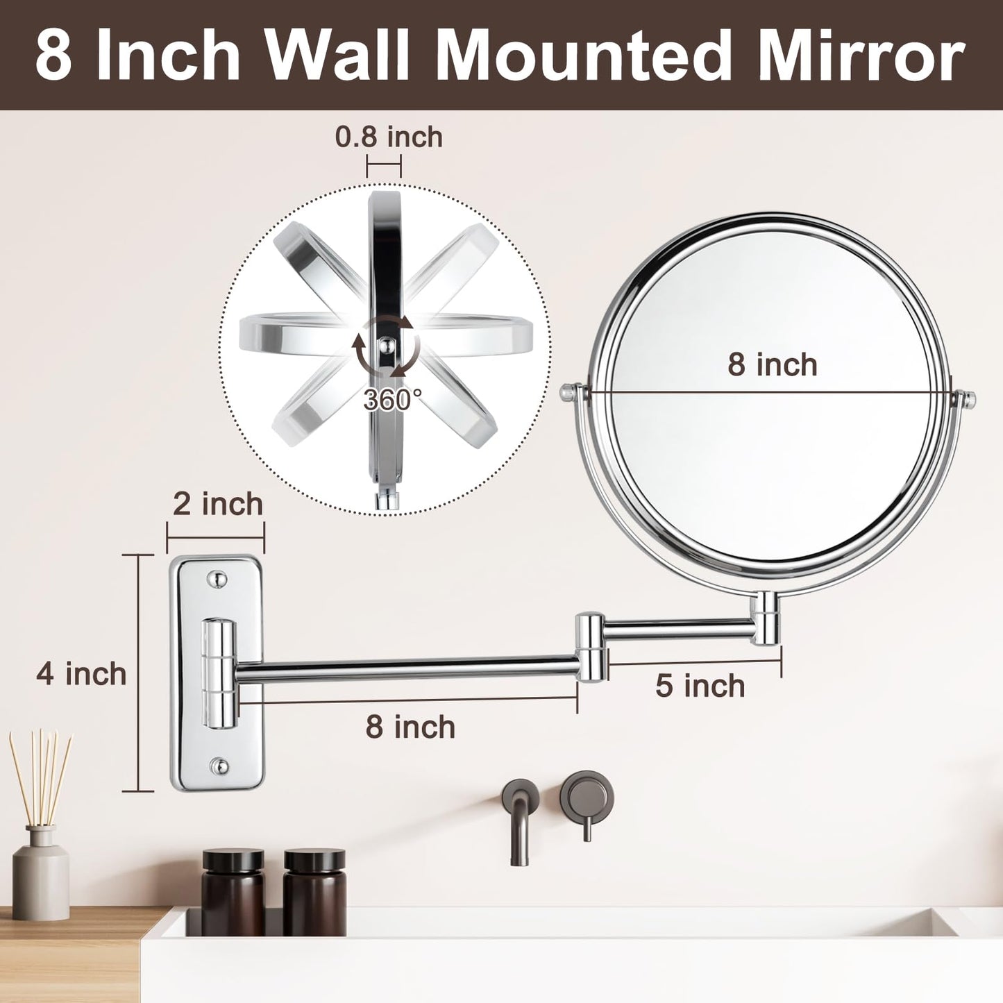 Wall Mounted Makeup Mirror, 10X Magnification 8 Inch Double Sided Swivel Extendable Bathroom Mirror, Chrome DECLUTTR