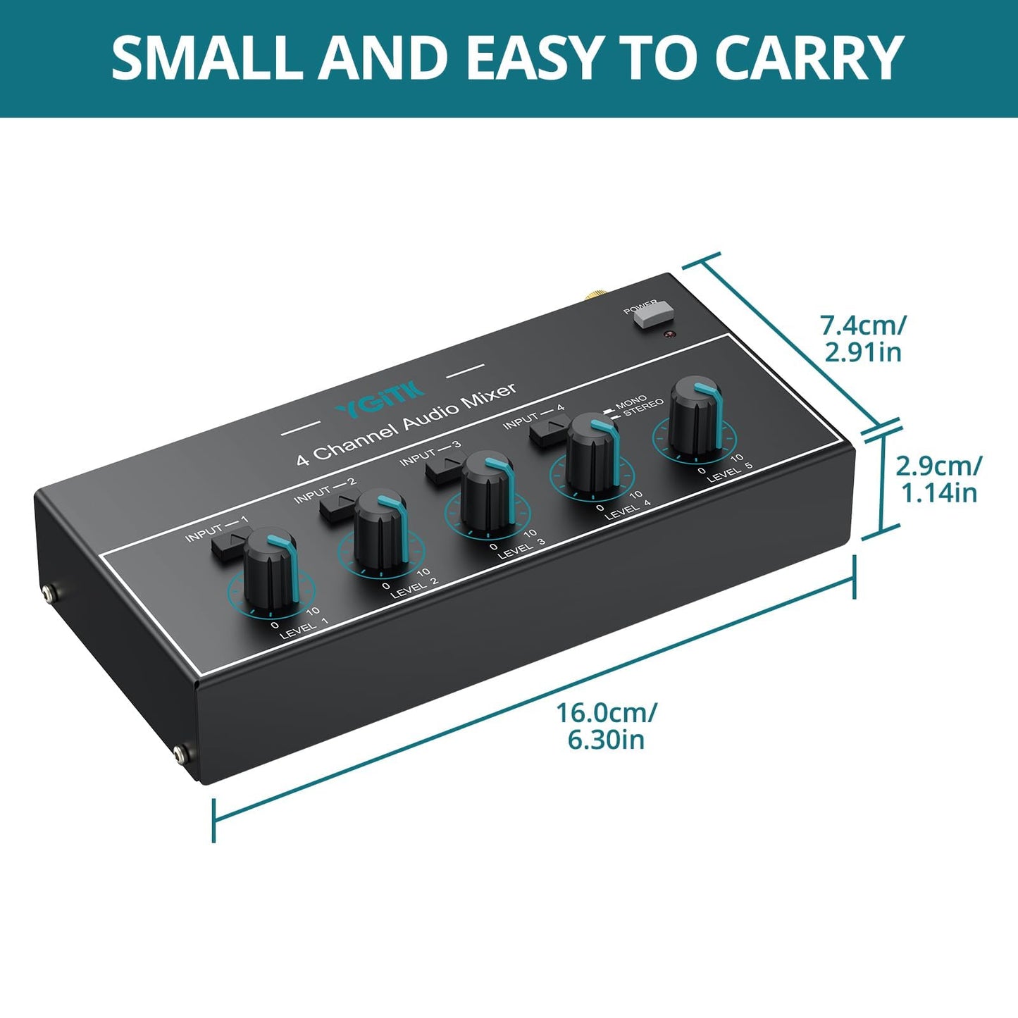 4 Channel Audio Mixer, Mini Karaoke Mixer, 3.5mm&6.35mm I/O Interface, Mono/Stereo Mixer, Independent Control and Switch, Sound Mixer for Guitars, Bass, Keyboards, Stage, Dynamic Microphone