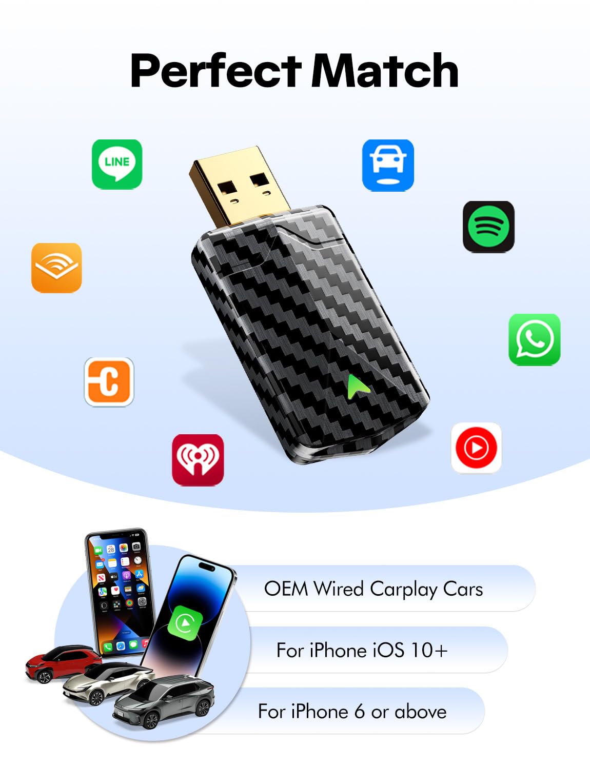 2025 Wireless CarPlay Adapter for iPhone, Mini Android Auto Adapter Converts Factory Wired to Wireless, Plug & Play, No Delay, Stable Connection Car Play Dongle for iOS 10+ / Android 11+
