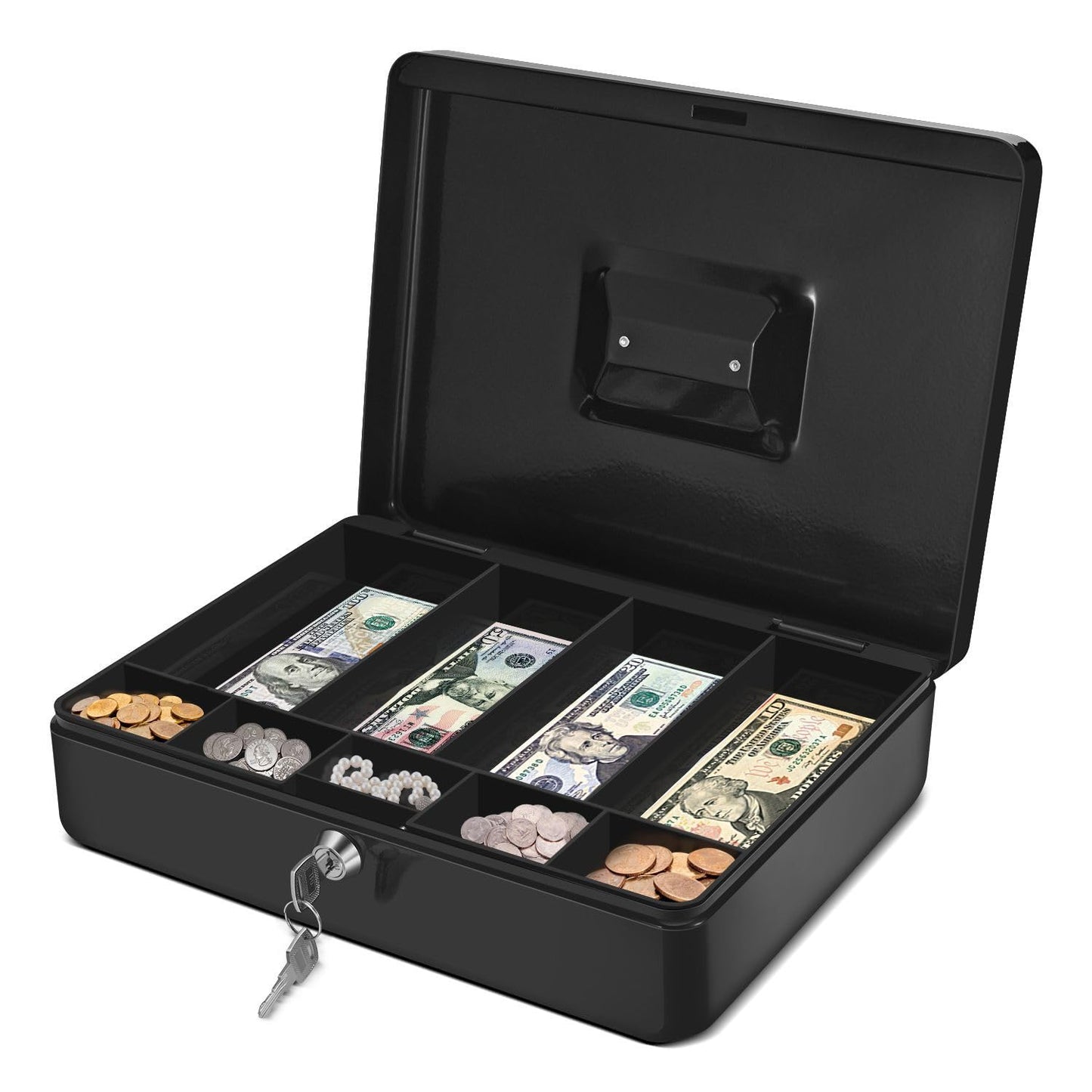 Flexzion Cash Box with Money Tray and Lock - Metal Cash Box for Small Businesses, 9-Compartment Black Money Box with Removable Tray and Key, Portable Storage for Checks and Coins
