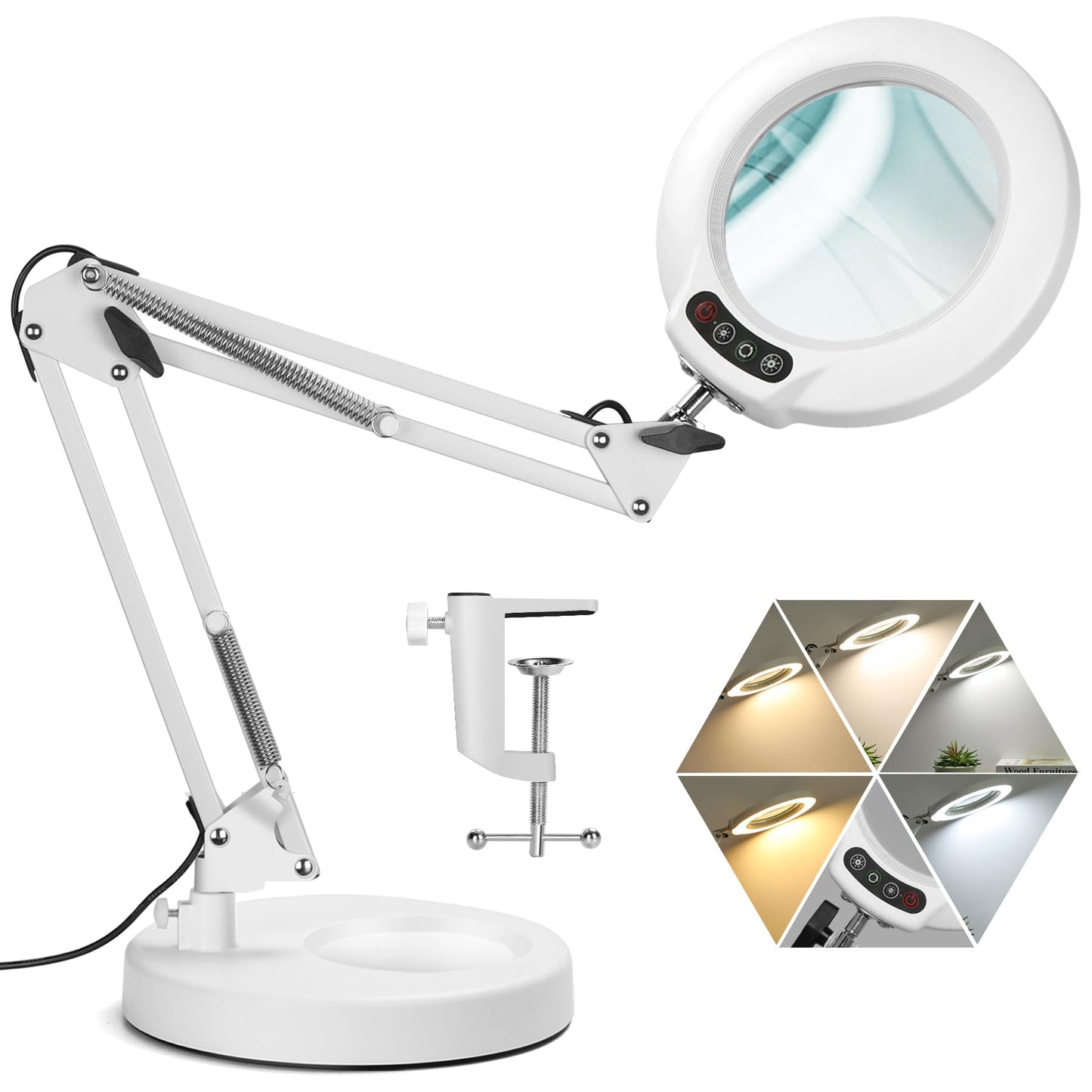 Veemagni 12X Magnifying Glass with Light, 5 Color Modes Stepless Dimmable 2-in-1 Desk Lamp and Clamp, LED Lighted Magnifier and Stand, Hands Free for Craft Repair Hobby Painting Close Work White