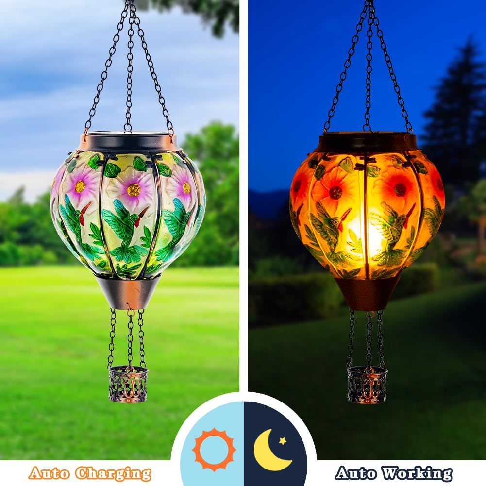 DREAMSOUL Hummingbird Hot Air Balloon Solar Lantern, Hanging Solar Hot Air Balloon Lantern with Flame for Patio Yard Gift Decor