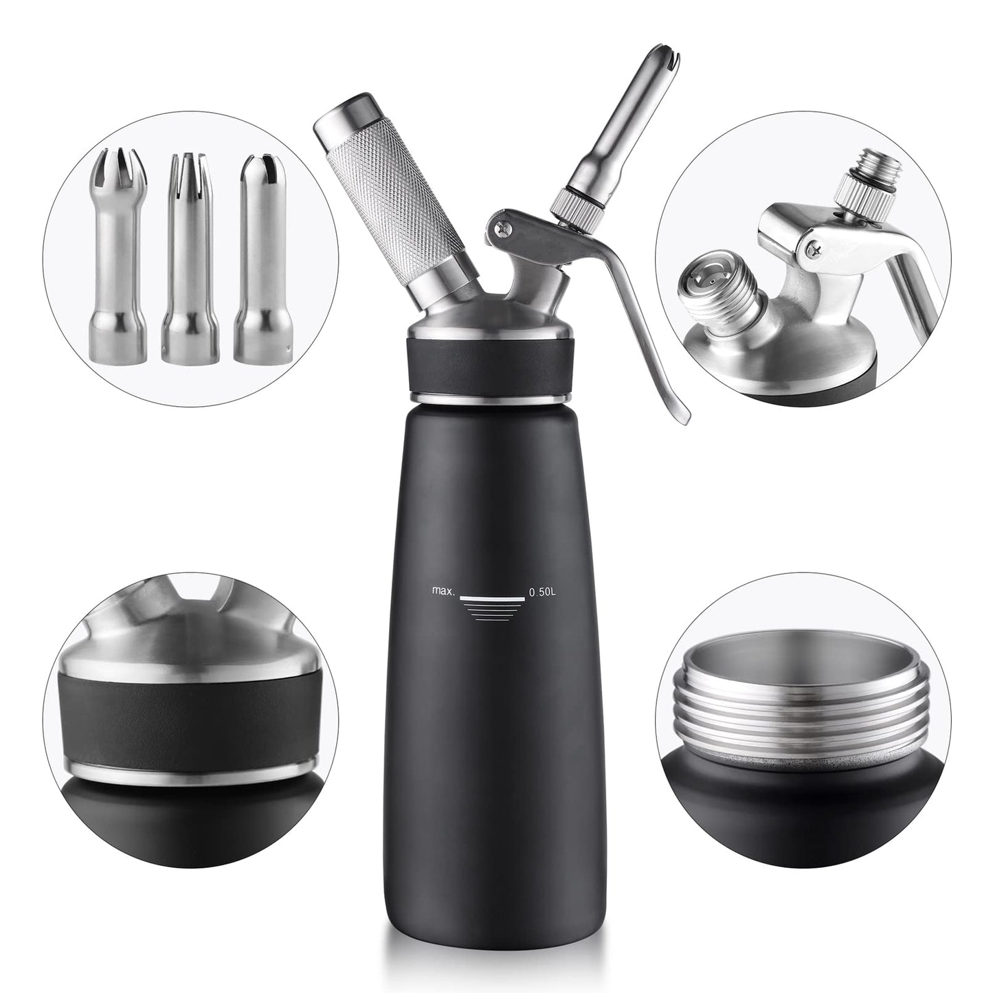 Sivaphe Stainless-Steel Professional Whipped Cream Dispenser, 1-Pint Whip Cream Maker Canister, Leak-Free Cream Whipper Black(8-Gram Charger Not Included)