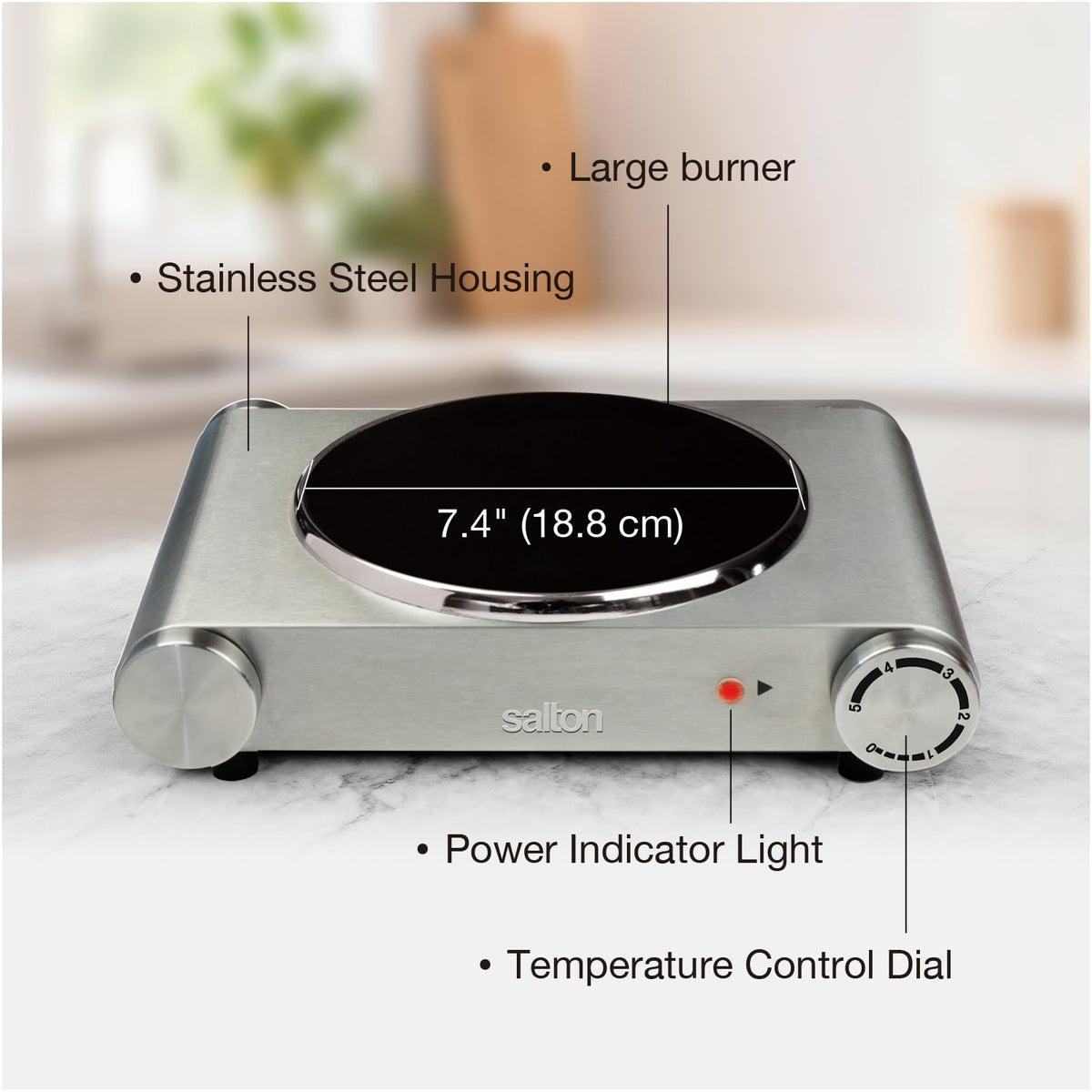 Salton Single Stainless Steel Infrared Portable Electric Cooktop with Large 7.4” Diameter Burner, Variable Tempertature Control and Indicator Light, Perfect for Entertaining, 1200 Watts (HP1502)