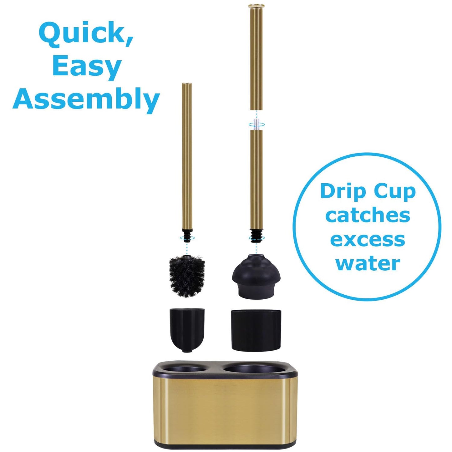 Blue Donuts Toilet Brush and Plunger Set with Holder, Sleek Minimalist Modern Gold Bathroom Accessories Toilet Plunger and Toilet Bowl Brush Combo