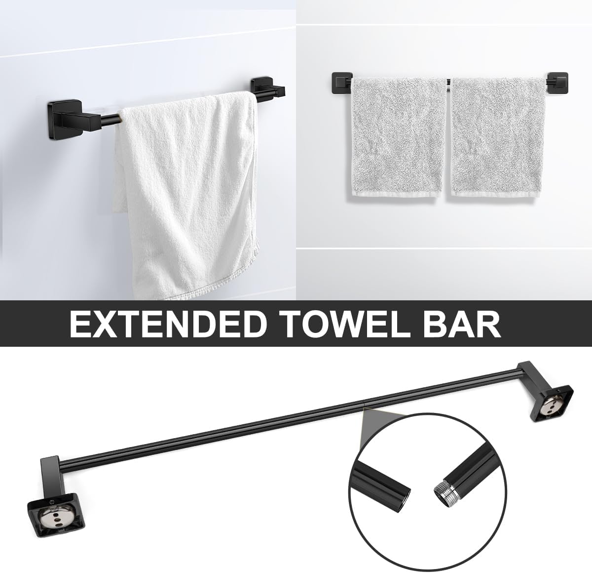 DEGULAS Bathroom Hardware Set 4 Pieces, Stainless Steel Towel Bar Set, Includes 20In Towel Bar, Towel Ring, Robe Towel Hooks,Toilet Paper Holder, Bathroom Towel Rack Set，Black
