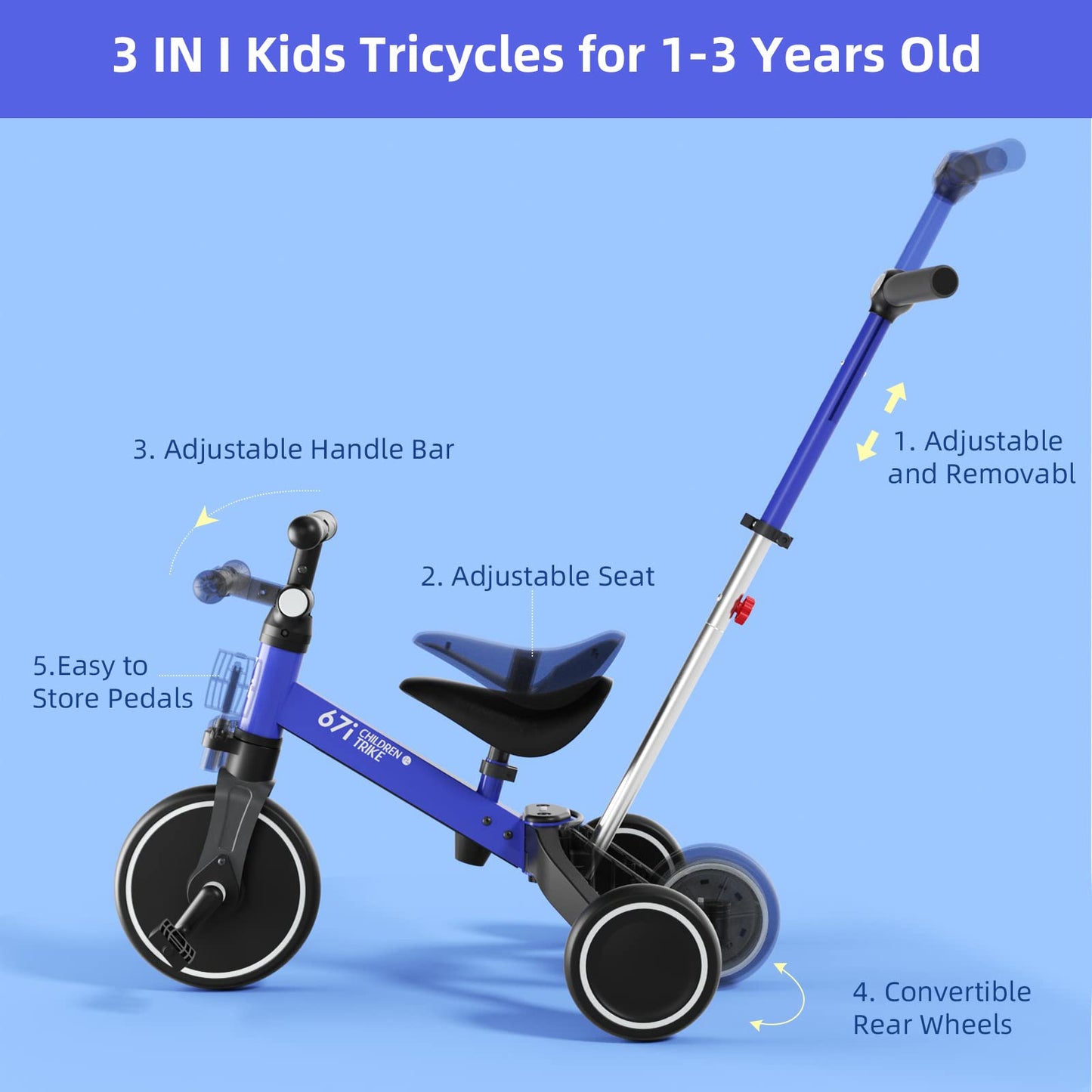67i 5 in 1Tricycles for 1-3 Year Old Toddler Tricycle with Push Handle Baby Balance Bike 1 Year Old Ride On Toys for Toddlers 1-3 Infant Bike Girls Boys Gifts Kids Tricycle (Blue)