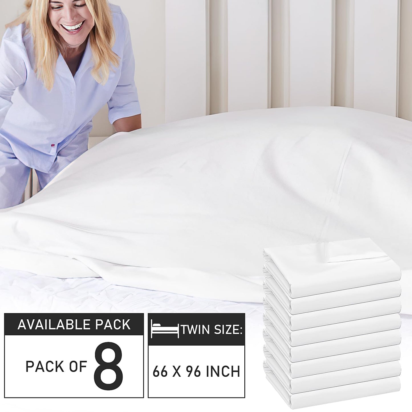 8 Pcs Twin Bed Sheets White- Single Flat Sheet for Home, Hospital, Hotel, Spa Massage Therapy & More- Machine Washable Soft Touch Moisture Absorbing Top Sheet, 66"x96"