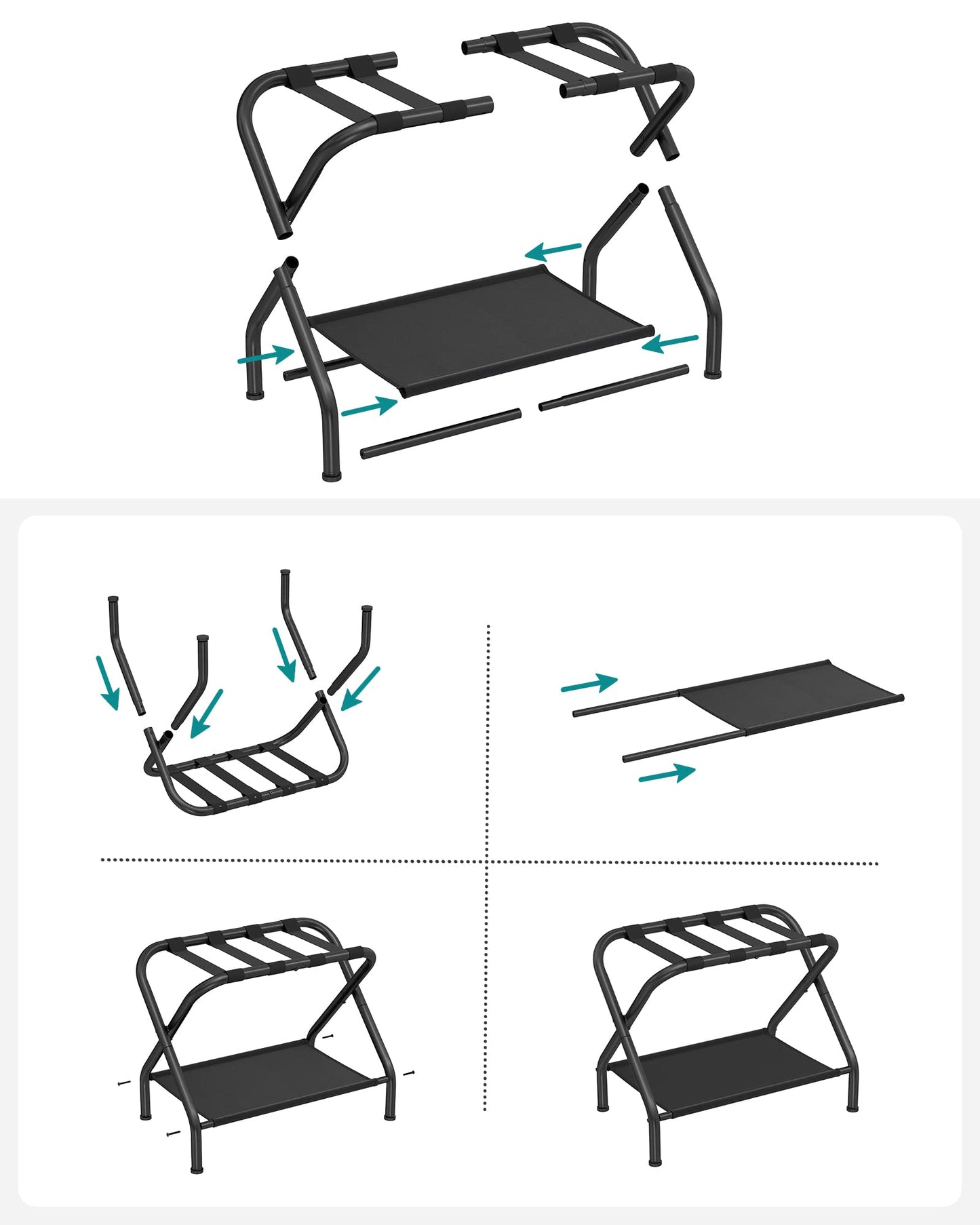 SONGMICS Luggage Rack, Suitcase Stand with Fabric Storage Shelf, for Guest Room, Bedroom, Hotel, Foldable, Holds up to 50 kg, 69 x 38 x 52 cm, Black URLR002B01V1