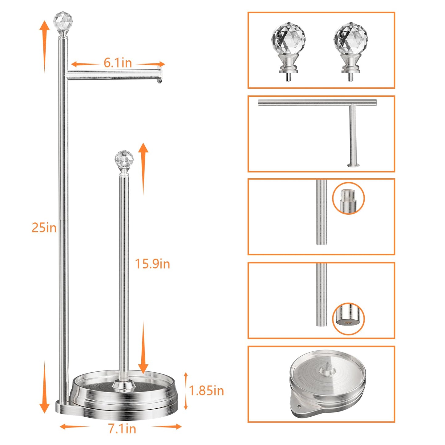 Kasunto Toilet Paper Holder for Bathroom, Heavy Weighted Metal Free Standing Toilet Paper Holder Stand with Crystal Ball, Toilet Paper Roll Stand for Bathroom Accessories